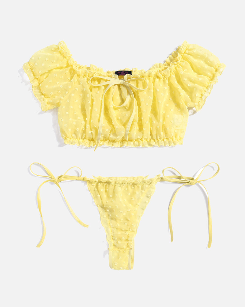 Avidlove yellow daisy mesh lingerie set. Off-shoulder top and tie-side bottoms. Sexy lingerie.