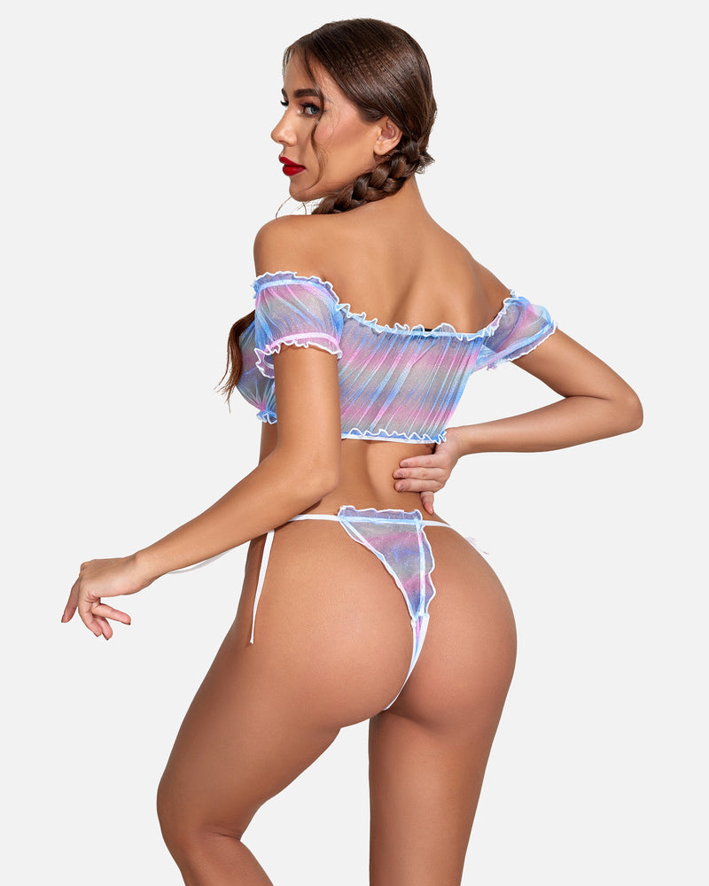 Floral mesh ruffle lingerie set with off-shoulder top and tie sides. Sexy and stylish lingerie