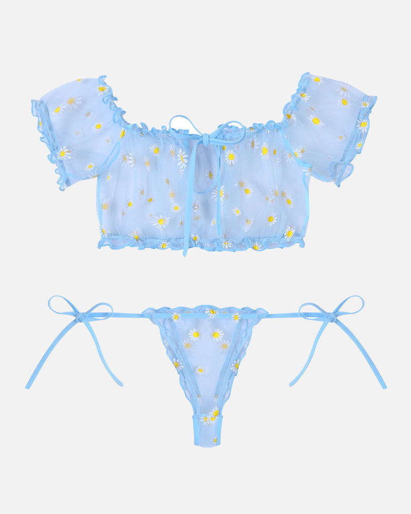 Blue daisy print lingerie set. Sheer crop top and tie-side panty. Comfortable and sexy.