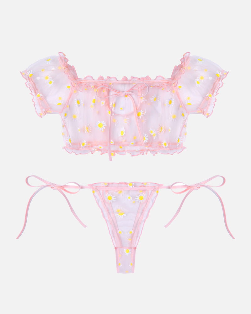 Pink floral mesh lingerie set with daisy pattern, ruffled top and tie-side thong. Sensual style.