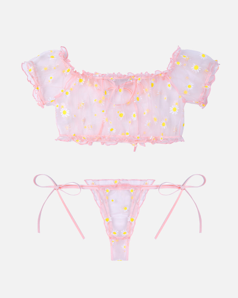 Pink Daisy Mesh Ruffle Lingerie Set by Avidlove. Floral off-shoulder bra and tie-side panty.
