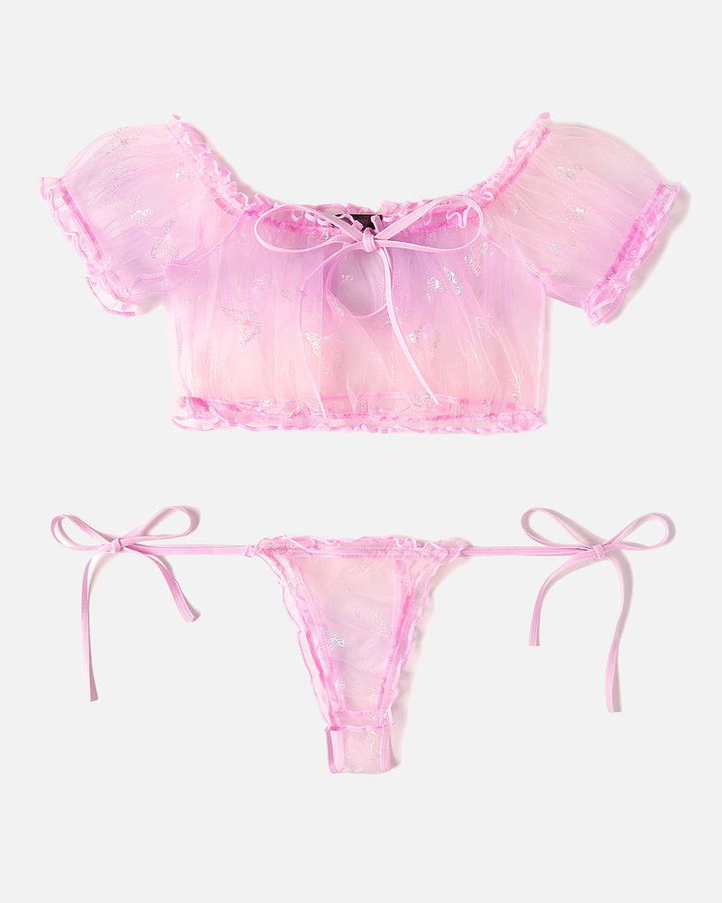 Pink butterfly lingerie set, ruffle crop top, tie-side thong. Sexy Avidlove lingerie.