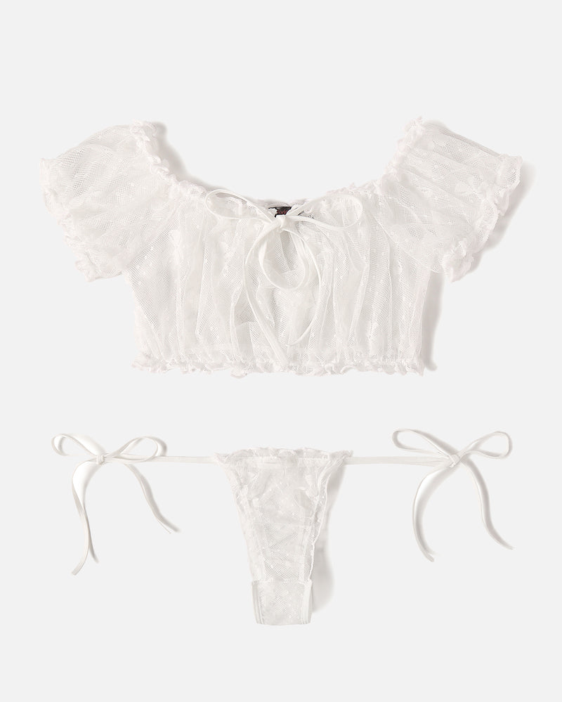 White lace bridal lingerie set with ruffle crop top and bow, perfect for brides and romantic wear.