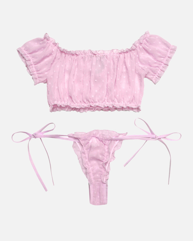 Pink mesh lingerie set: off-shoulder top and tie-side panty, sexy and comfortable design