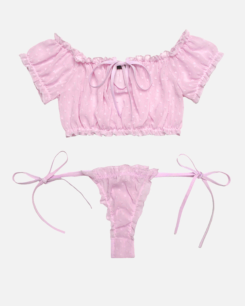 Pink mesh lingerie set, off-shoulder and tie-side, sexy and comfortable design. Avidlove lingerie.