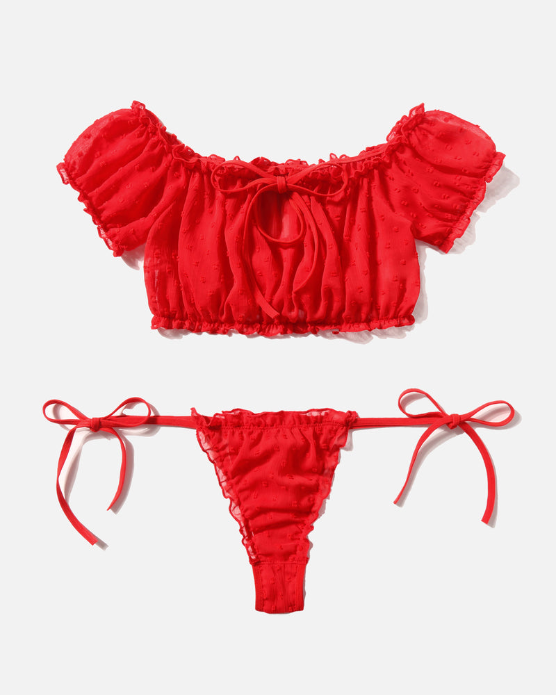 Red off-shoulder lingerie set with tie-side panty, a sexy and comfortable design by Avidlove.