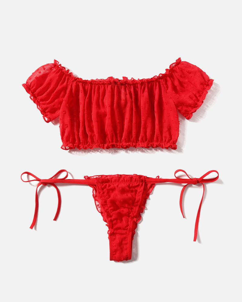 Red mesh lingerie set: Off-shoulder top, tie-side panty, sexy and comfortable. Avidlove lingerie