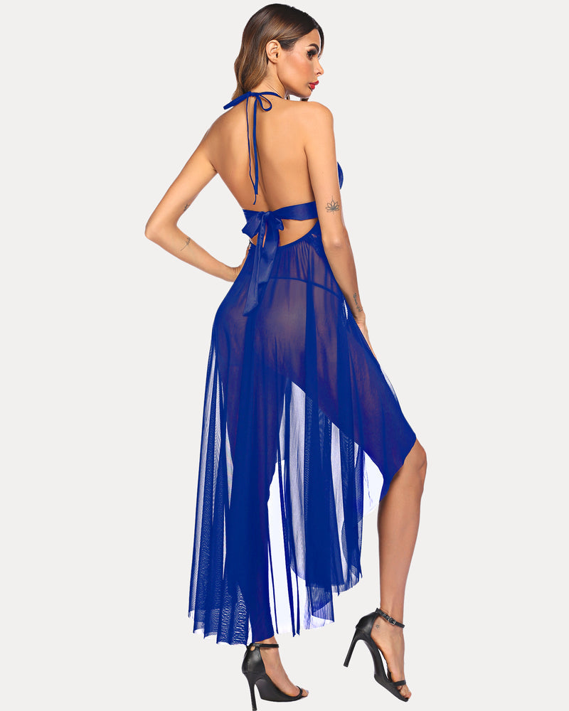 Blue halter nightdress with high slits and flowing skirt. Sexy and confident lingerie.