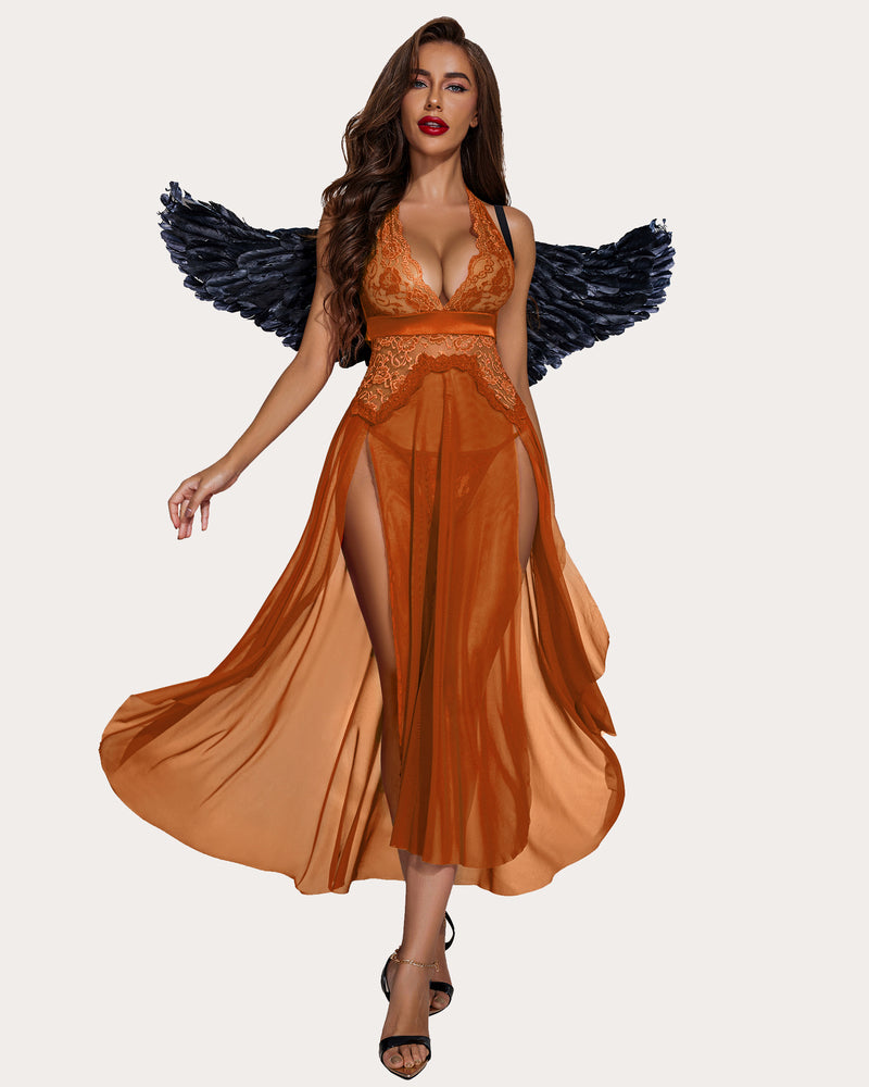 Orange lace lingerie dress with angel wings, halter neck, and split-leg, Avidlove lingerie