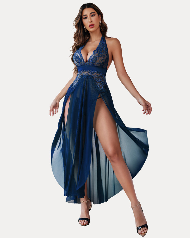 Navy blue halter lingerie dress with lace details and split-leg design, perfect for bridal lingerie.