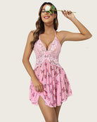 avidlove lace floral print babydoll halter v neck dress