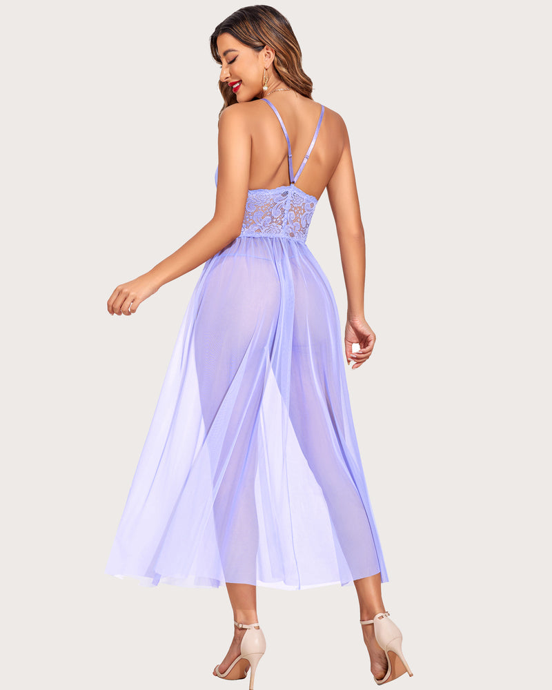 Lilac lace babydoll maxi nightwear with V-neck and mesh skirt. Avidlove lingerie.