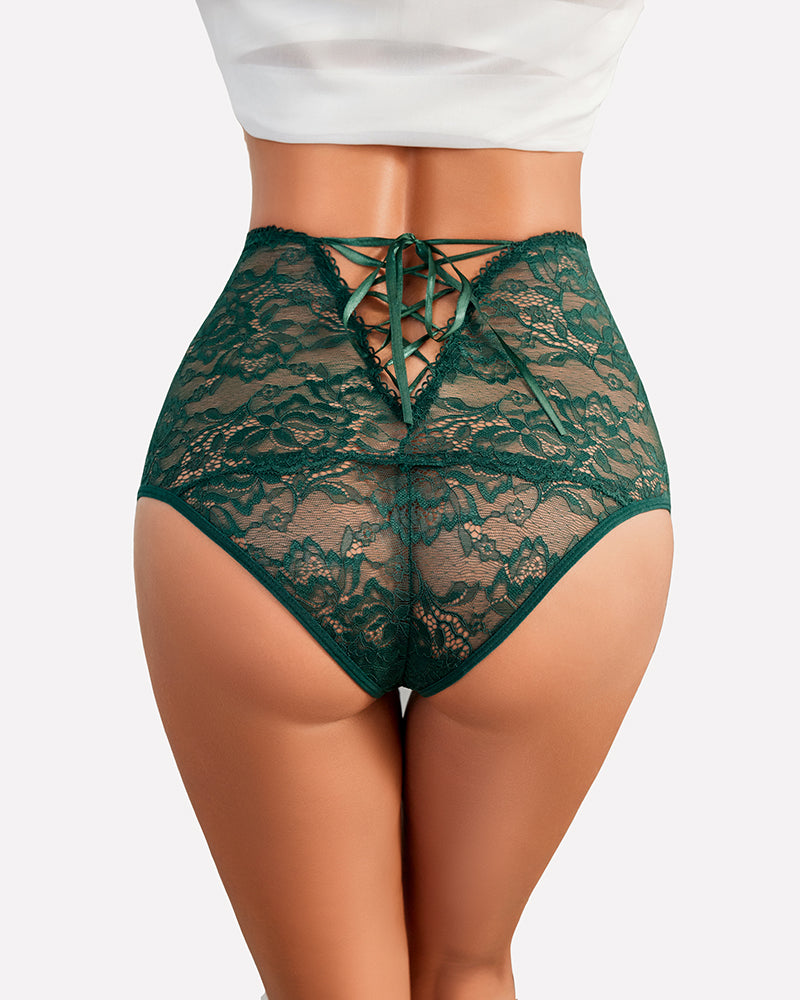 Emerald green lace hipster panties, high-waisted, ribbon back, semi-sheer floral lingerie.