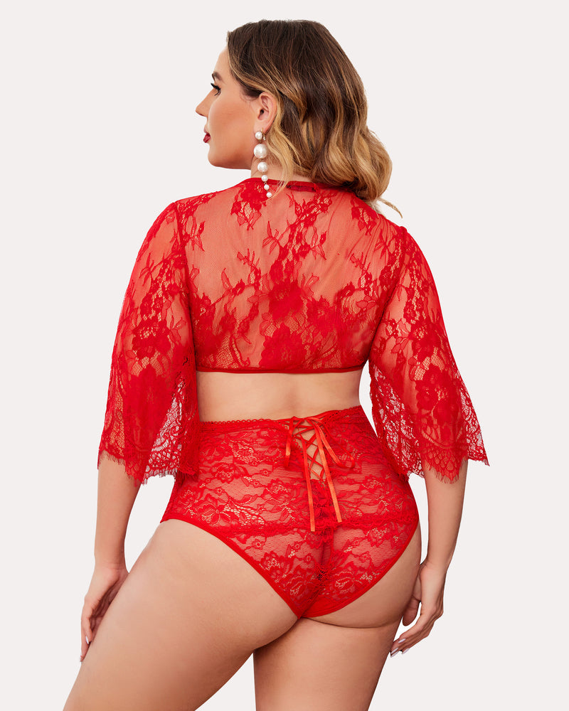 Red lace high-waisted hipster panties with ribbon back, matching crop top, semi-sheer floral design.