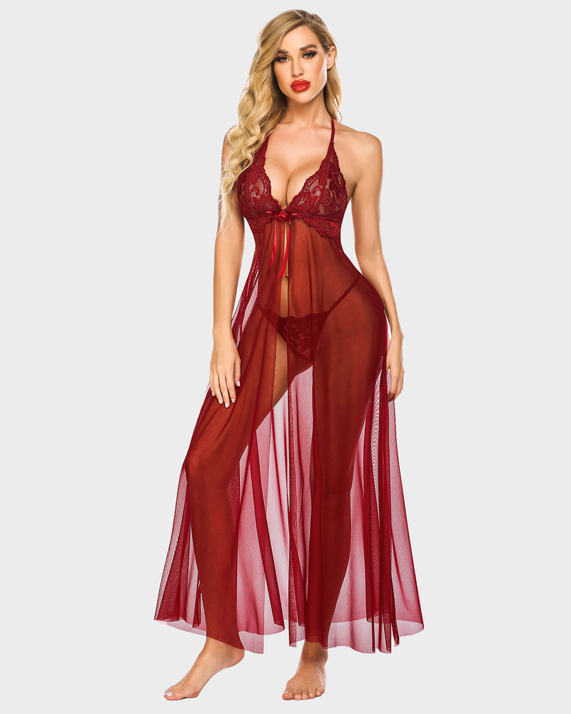 Red sheer mesh gown with floral lace and high slit, lingerie set for elegant look.
