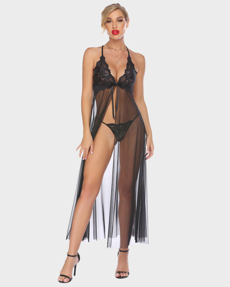 Black Heart Lingerie high split gown with floral lace, sheer mesh, and G-string for confidence.