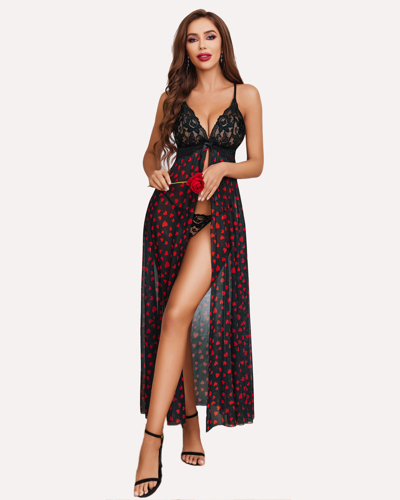 Black sheer maxi gown with red heart print, floral lace cups, high slit, and adjustable straps.