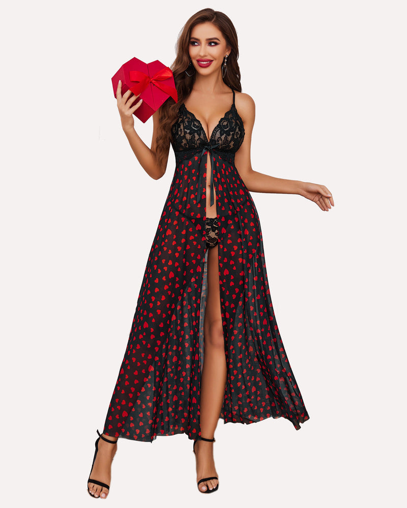 Black heart print maxi gown lingerie with lace cups and high slit, holding gift box, sexy lingerie
