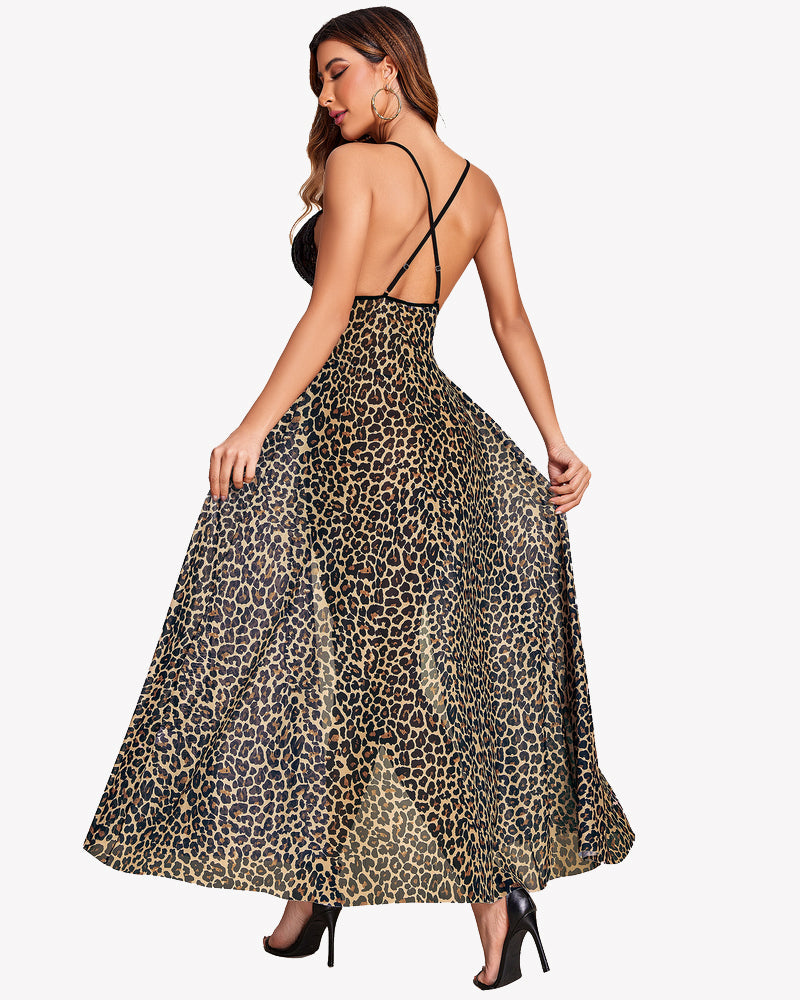 Avidlove leopard print maxi gown: High slit, lace top, and low-back design for sexy lingerie.