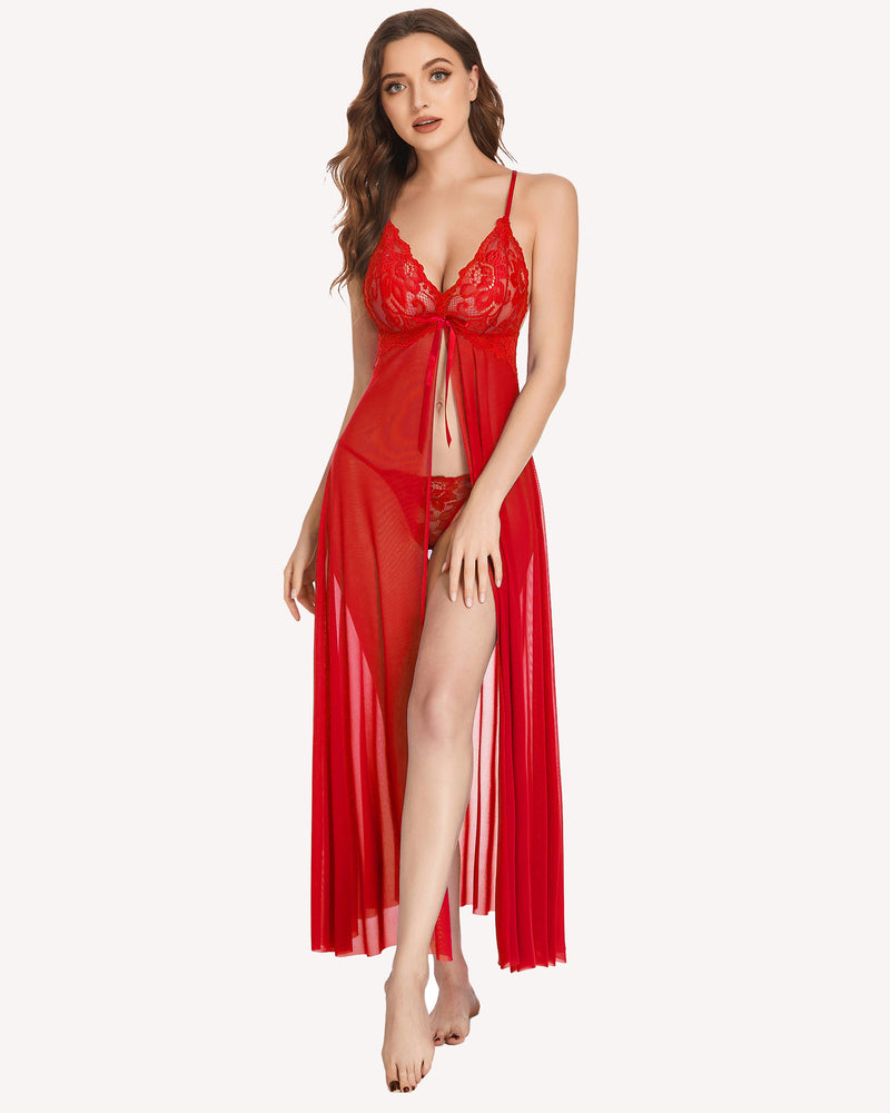 Red sheer mesh high-split gown with lace lingerie set, elegant Avidlove design for a confident look.