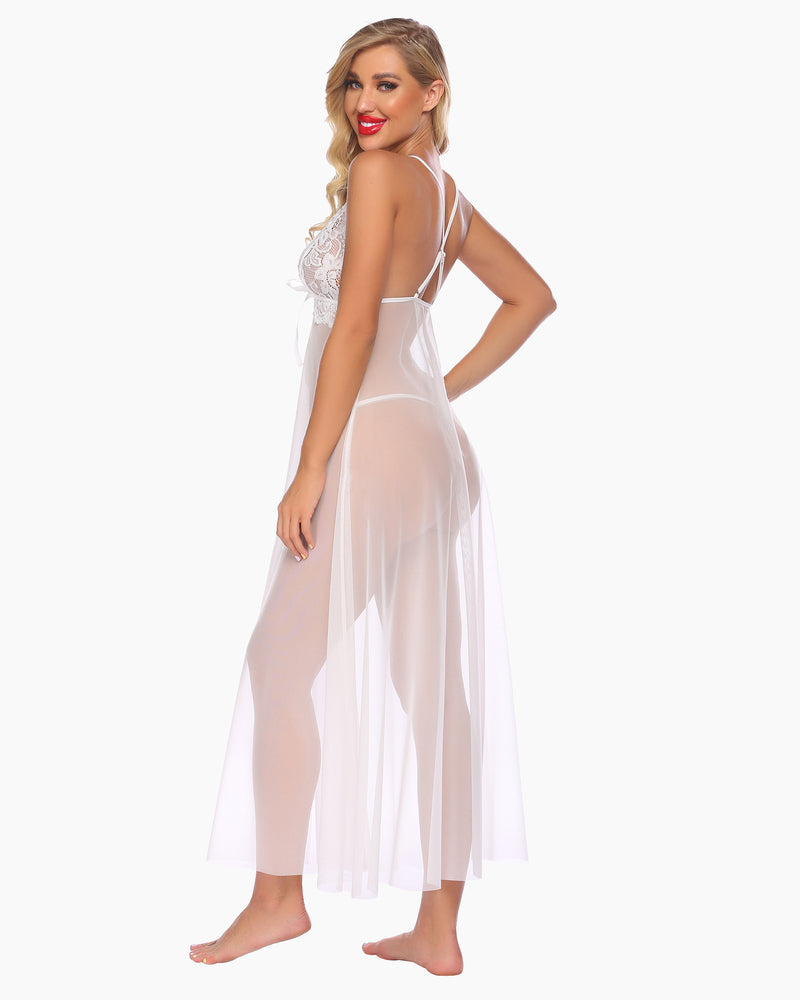 White lingerie gown with lace details and high slit, perfect for romantic nights from Avidlove