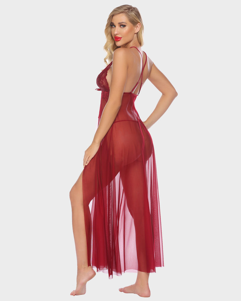 Red sheer lace lingerie gown with high slit and lace detail. Perfect for romantic nights, Avidlove