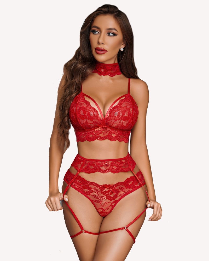 Red lace lingerie set with garter belt and choker. Sexy lingerie design, adjustable straps.