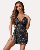 print lace side slit chemise