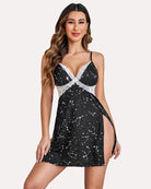 print lace side slit chemise