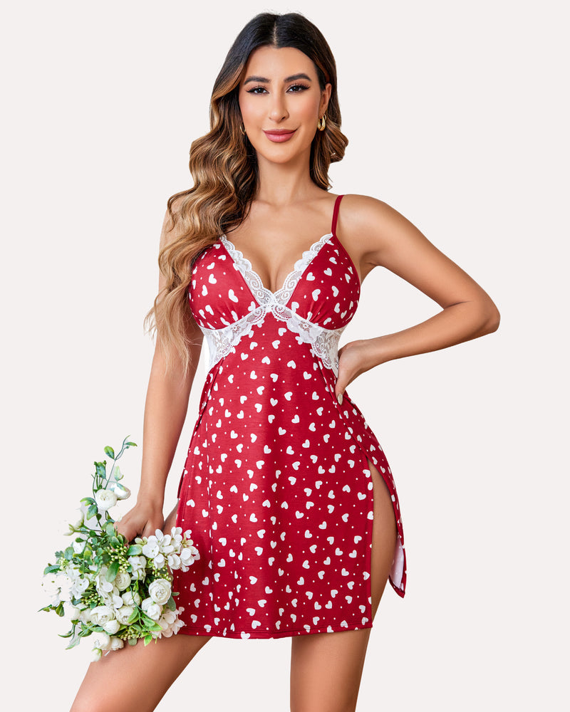 print lace side slit chemise