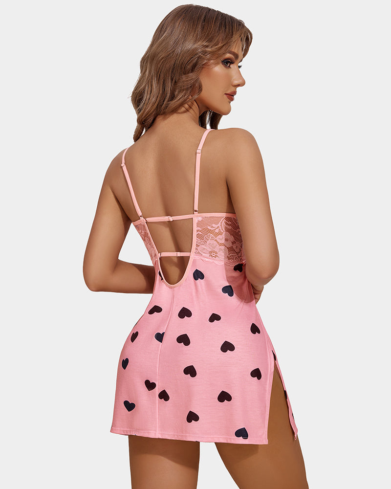 Pink heart print lace sleepwear with side slit and low back design, summer nightwear
