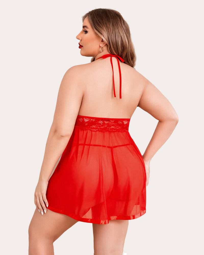 Plus Size Red Sheer Babydoll Lingerie Set with Halter Neck and Lace Detailing