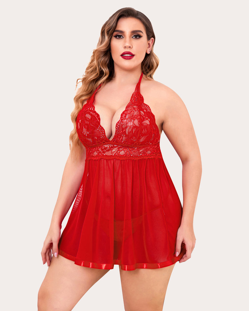 Plus Size Red Lace Babydoll Lingerie Set with Halter Neck and Satin Trim for a charming look.