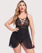 Plus size black lace nighty with leopard print skirt and adjustable spaghetti straps.