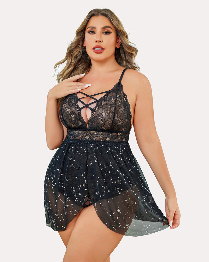 Plus Size Black Lace Babydoll Nighty with Criss-cross Detailing, Snap Crotch, and Thong Back