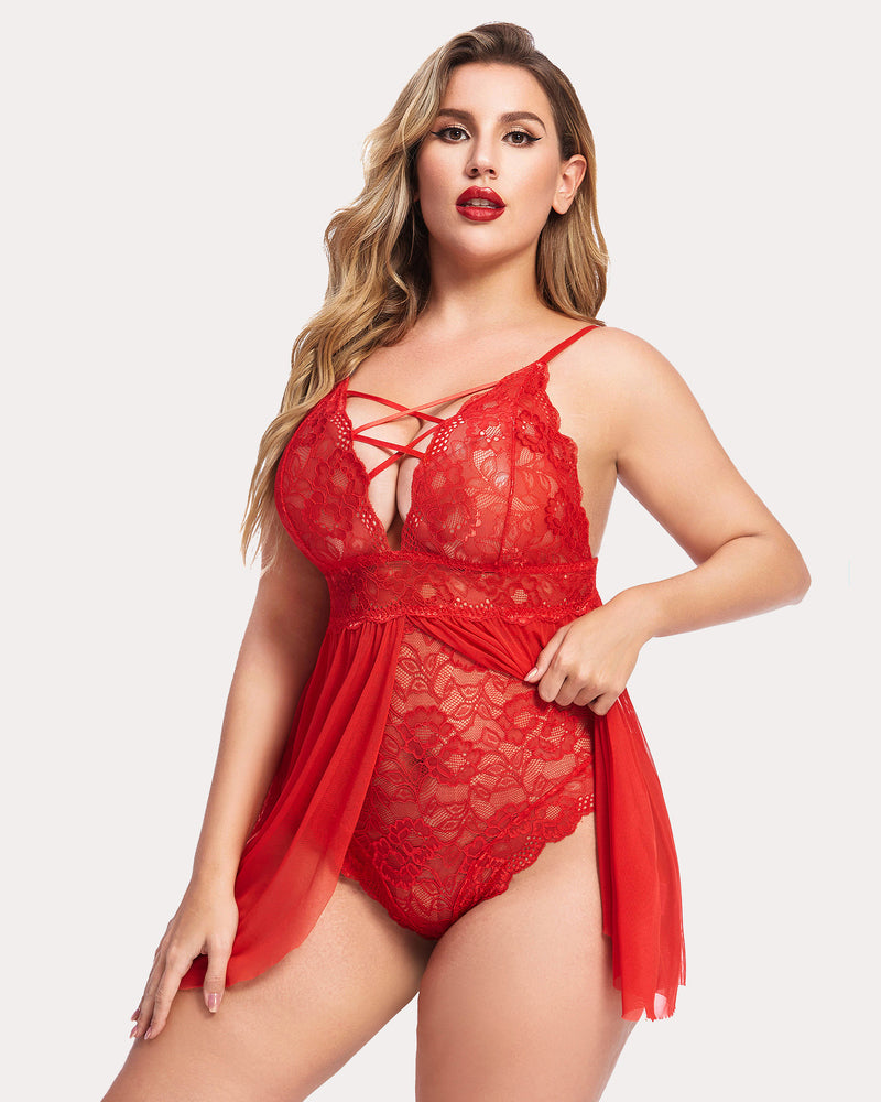 Plus size red lace babydoll teddy lingerie with adjustable straps and mesh skirt