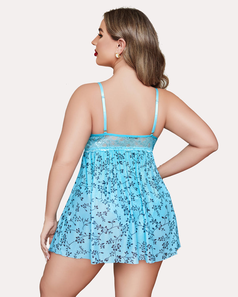 Plus Size Light Blue Floral Babydoll Lingerie with Lace Cups and Adjustable Straps
