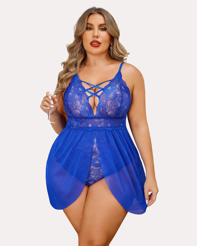 Plus Size Royal Blue Lace Babydoll Lingerie with Criss-Cross Straps and Mesh Skirt