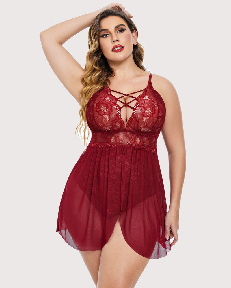 Burgundy plus size lace nighty with snap crotch, criss-cross bust and babydoll design