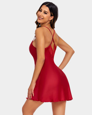 Red Women Sleepwear Satin Nightgown Mini Slip Chemise Wedding Night Dress  US
