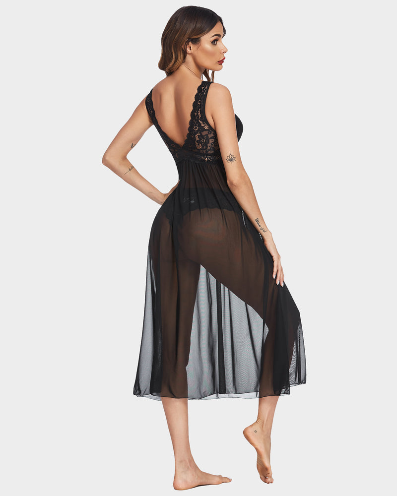 Black mesh chemise V-neck sleepwear with lace detailing, elegant and sexy nightwear for women
