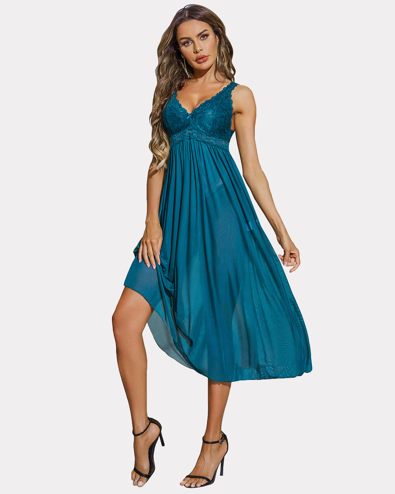Teal lace mesh babydoll chemise, V-neck nightwear with elegant lace details, sexy lingerie for women