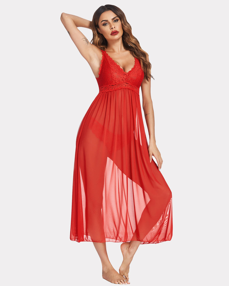 Red lace mesh chemise sleepwear for women, elegant and sexy nightgown for special occasions.