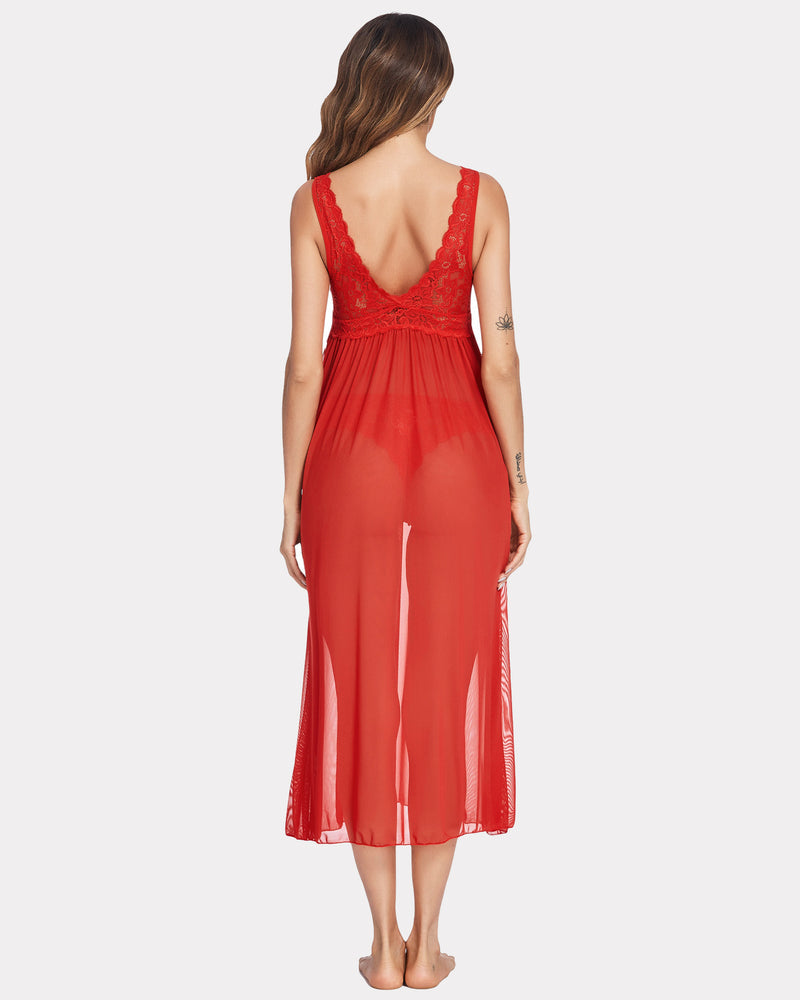 Red Lace Mesh Chemise Sleepwear, V-neck design, elegant lingerie for women, sheer nightgown