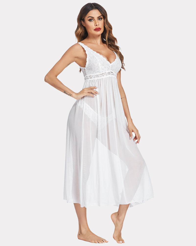 White lace mesh chemise, V-neck, sheer babydoll. Elegant, delicate lingerie for women.