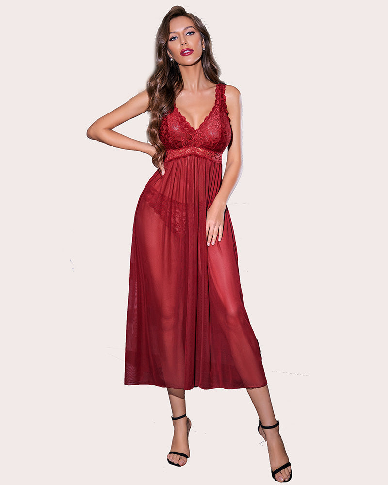 Burgundy lace chemise, V-neck lingerie. Elegant, sheer babydoll sleepwear.