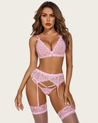 avidlove 3 piece lace leaves bra and panty set with garter blet