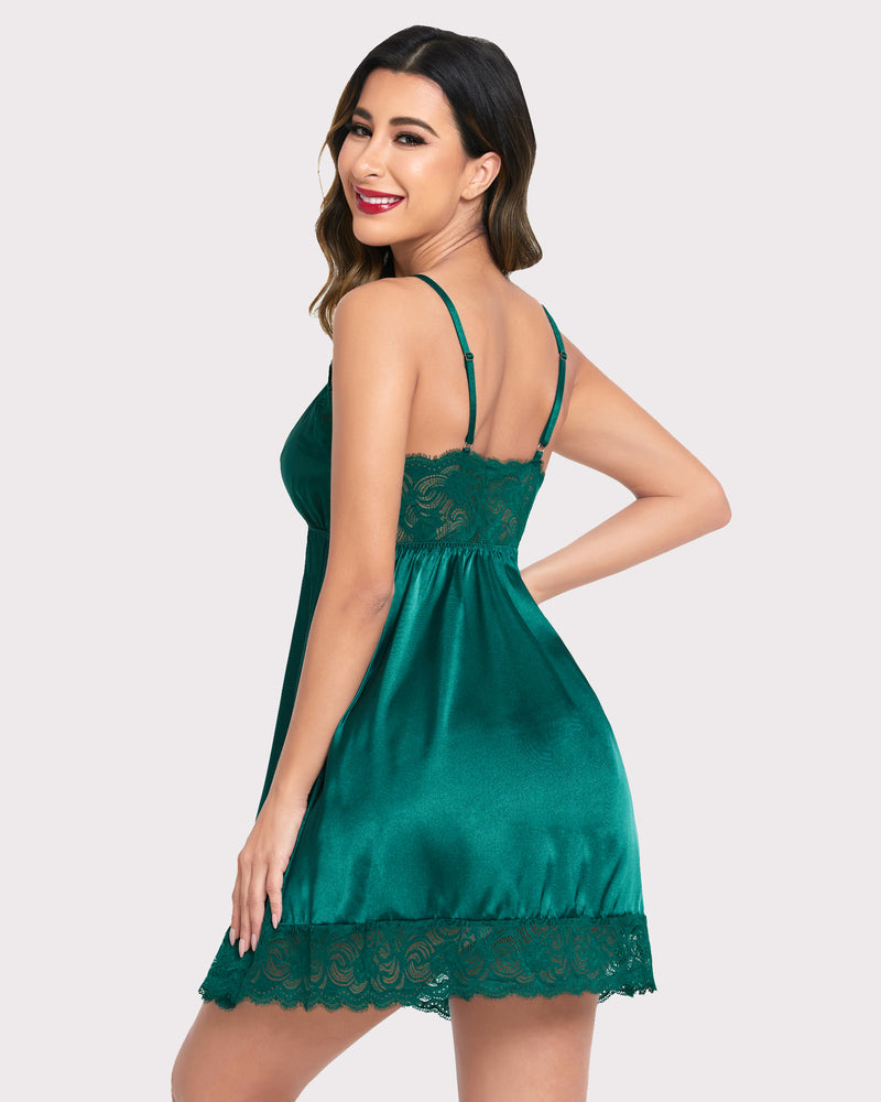Teal satin nightdress with lace trim; comfortable and sexy lingerie for women.