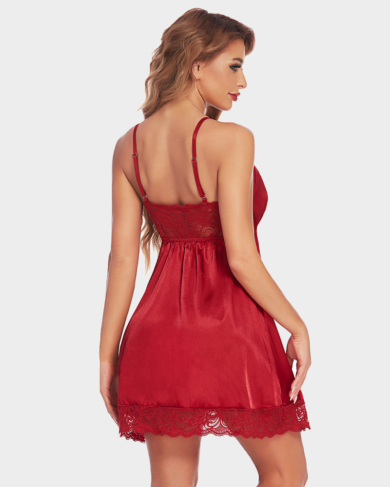 Red satin nightie with lace trim, V-neck slip dress, back view, Avidlove lingerie for women