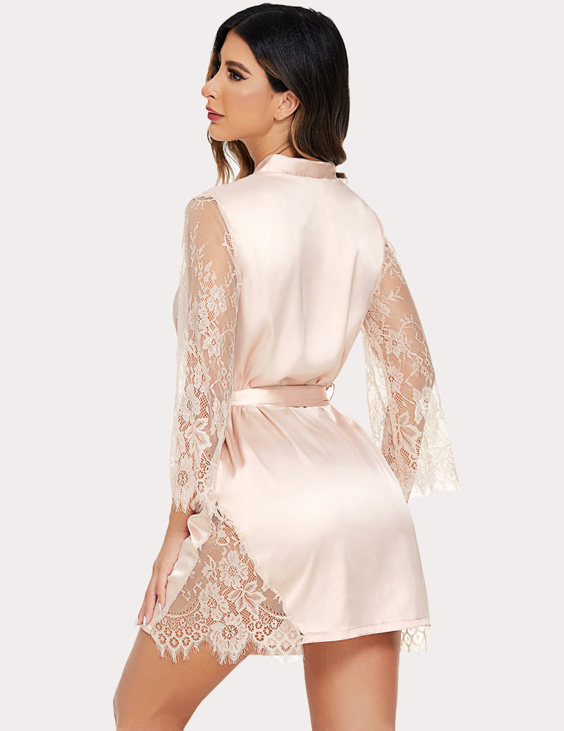 Pink satin kimono robe with lace sleeves. Sensual nightwear with lace detailing and a waist tie.